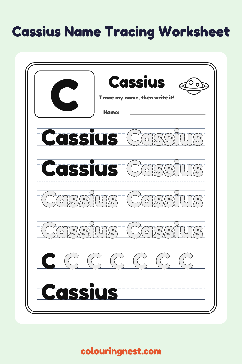 Cassius Name Tracing Worksheet: free printable black-and-white line art