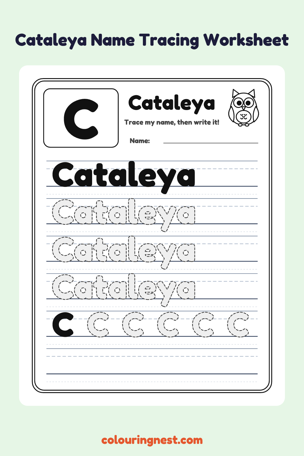 Cataleya Name Tracing Worksheet: free printable black-and-white line art