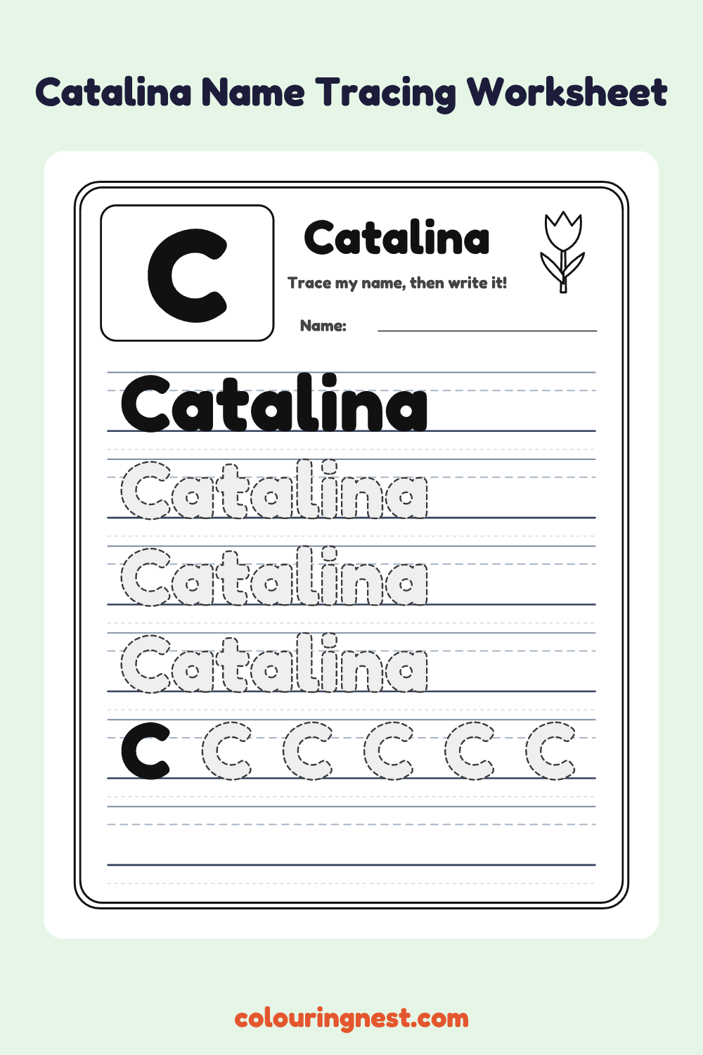Catalina Name Tracing Worksheet: free printable black-and-white line art