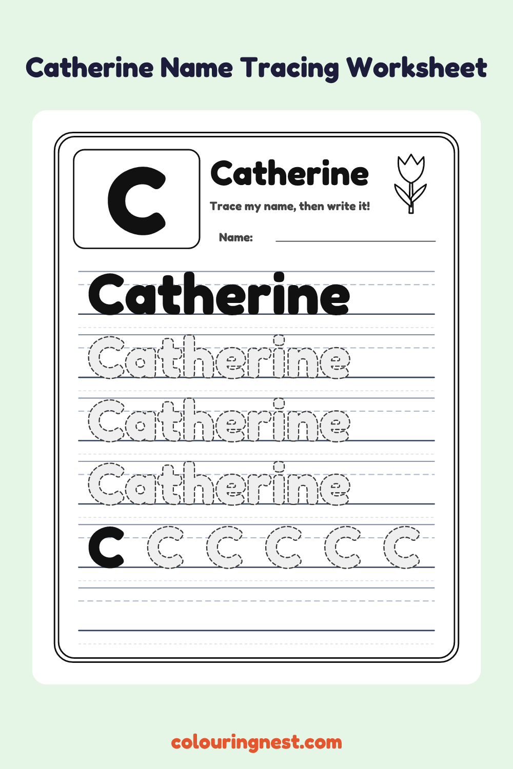 Catherine Name Tracing Worksheet: free printable black-and-white line art