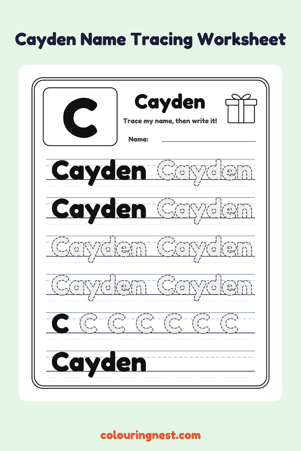 Cayden Name Tracing Worksheet: free printable black-and-white line art