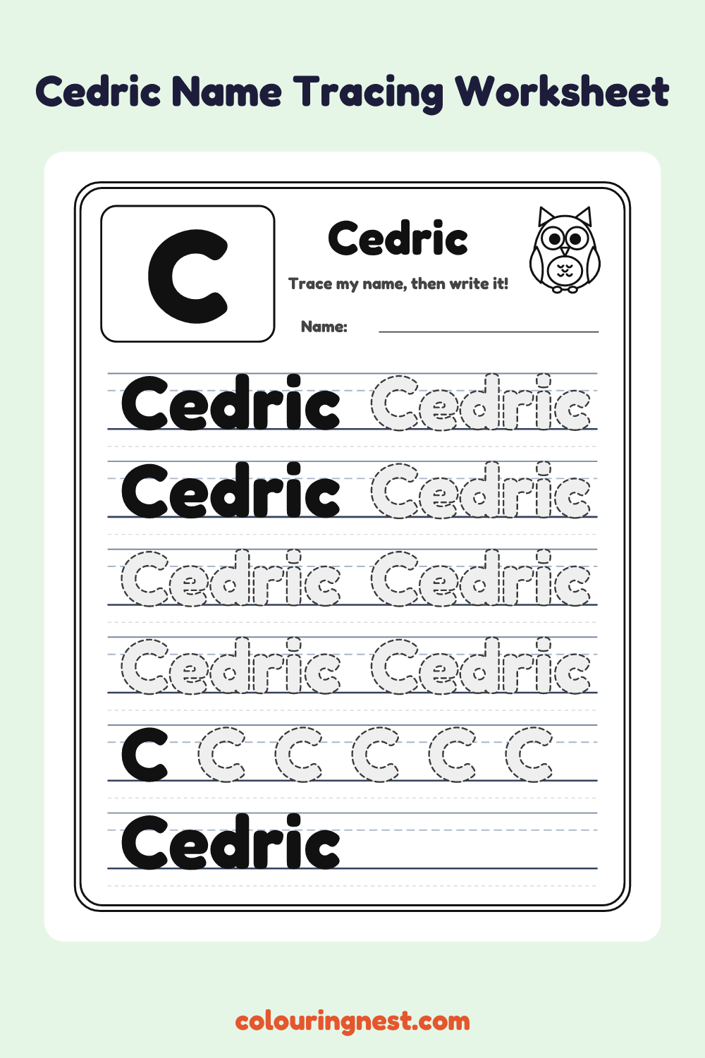 Cedric Name Tracing Worksheet: free printable black-and-white line art