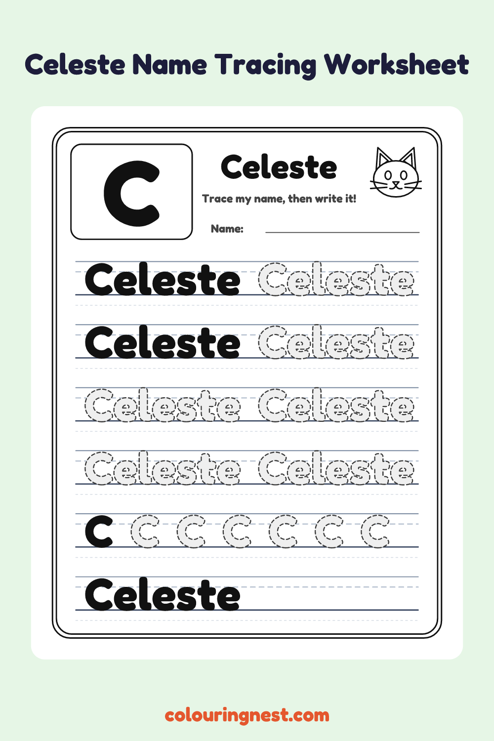 Celeste Name Tracing Worksheet: free printable black-and-white line art