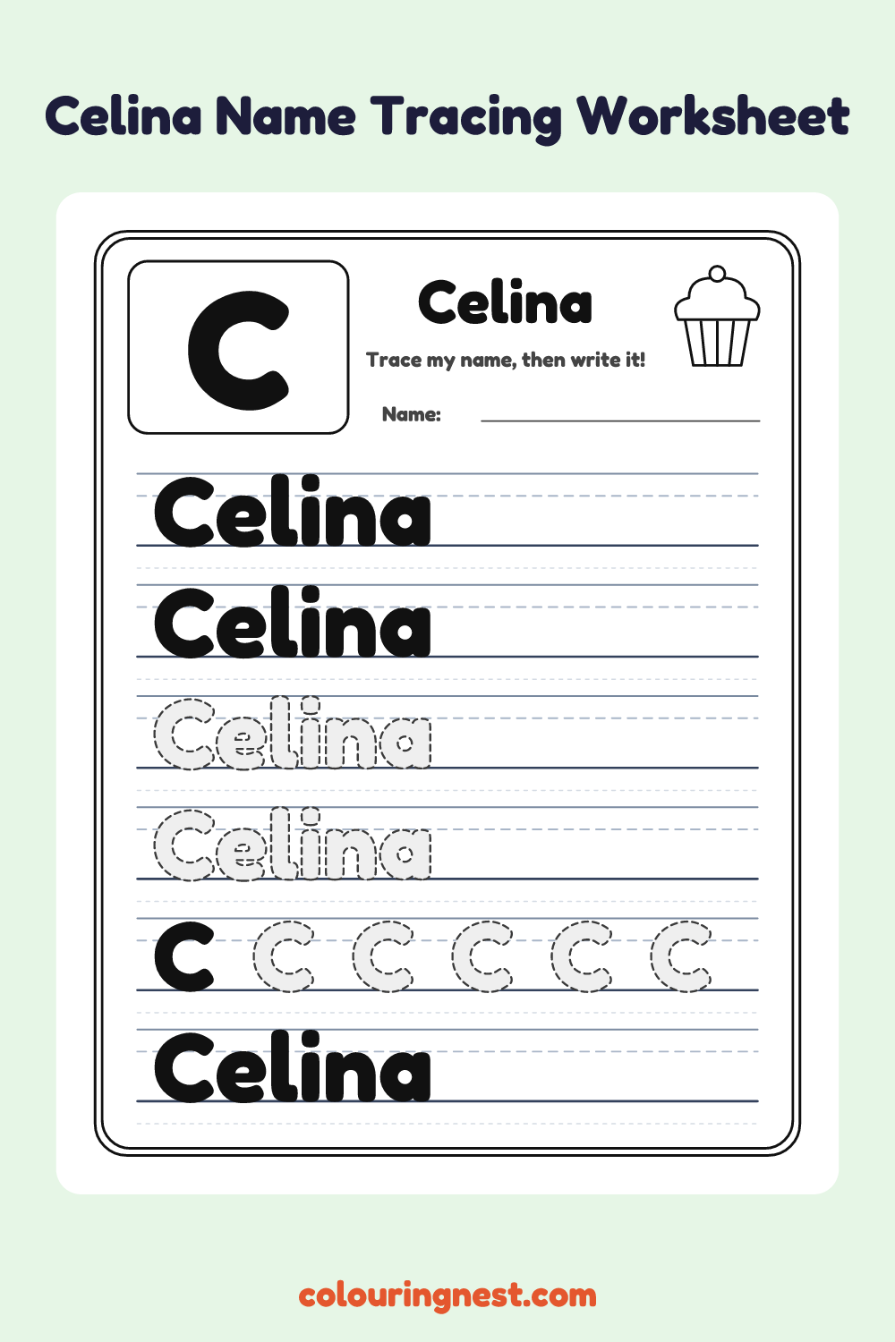 Celina Name Tracing Worksheet: free printable black-and-white line art
