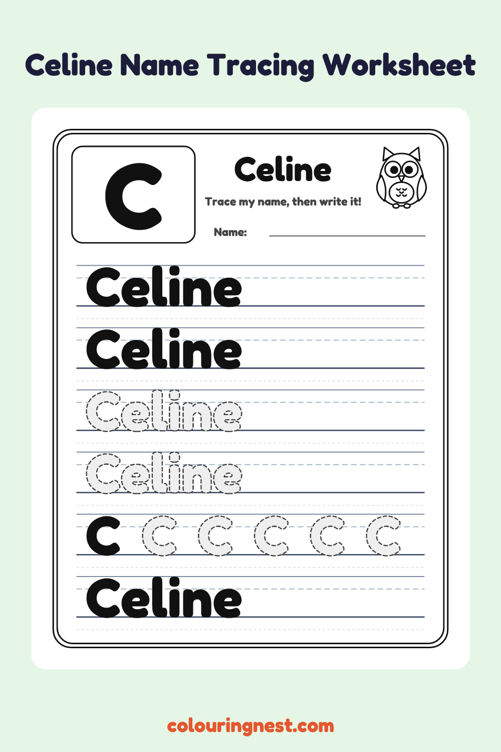 Celine Name Tracing Worksheet: free printable black-and-white line art