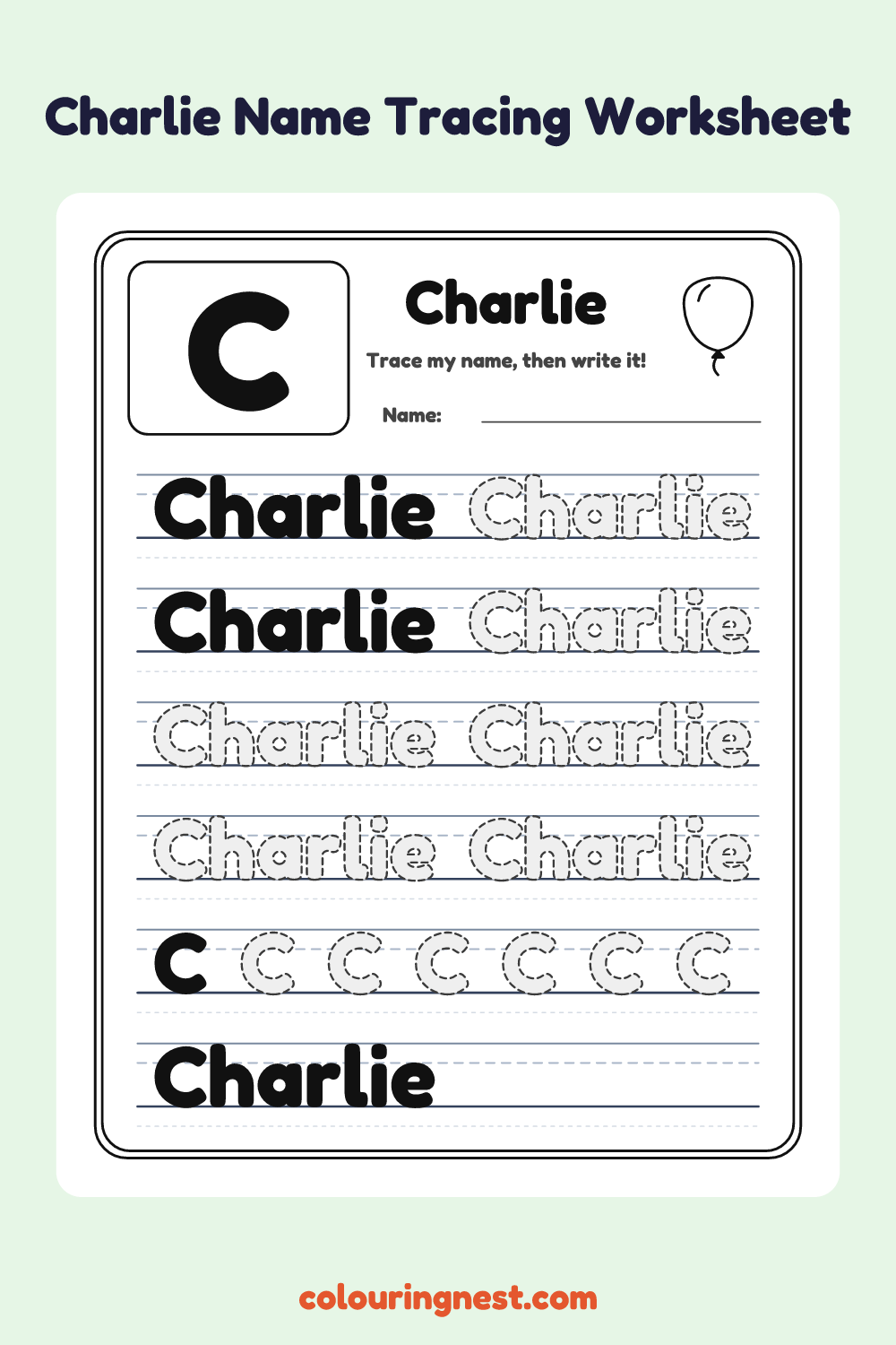 Charlie Name Tracing Worksheet: free printable black-and-white line art