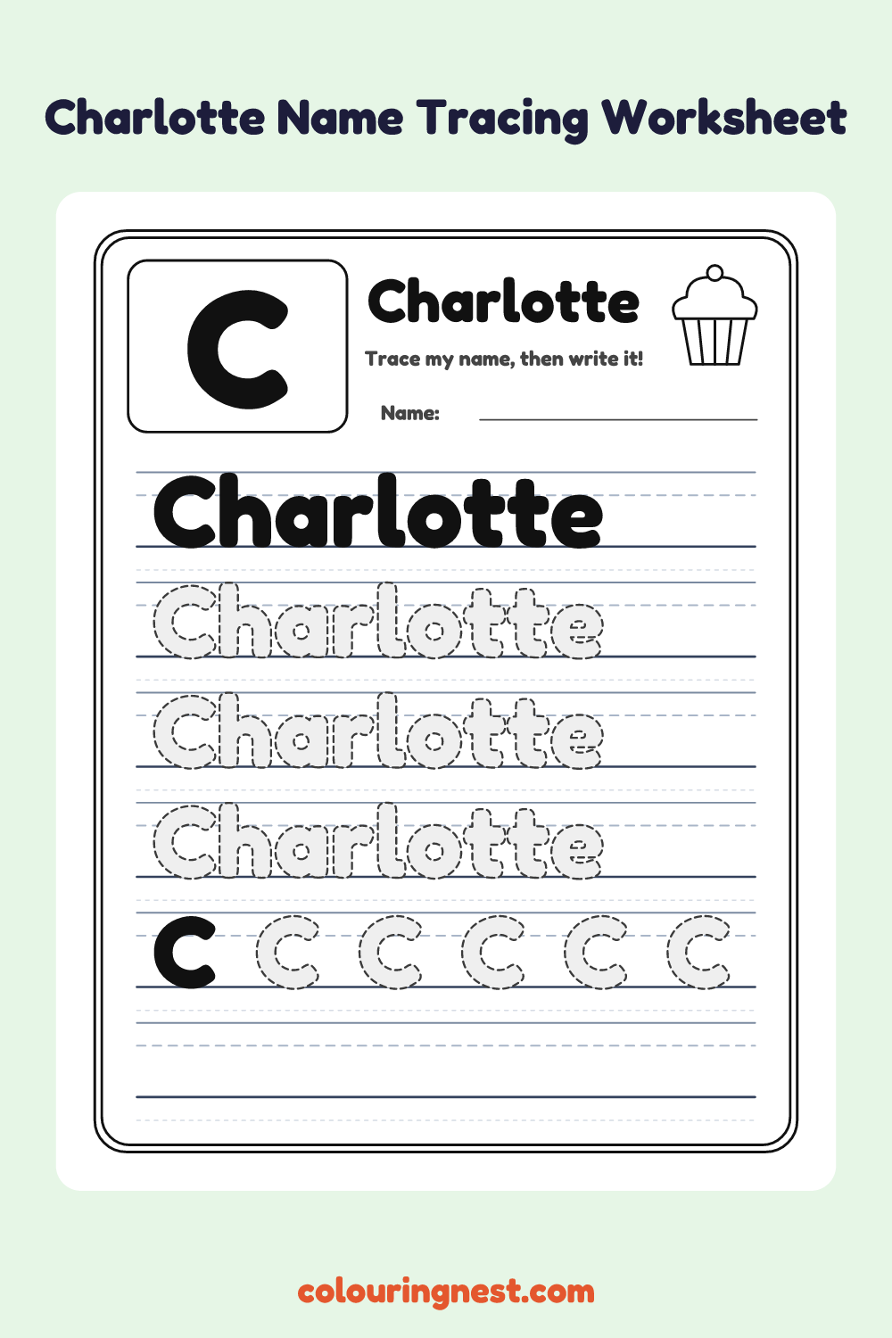 Charlotte Name Tracing Worksheet: free printable black-and-white line art
