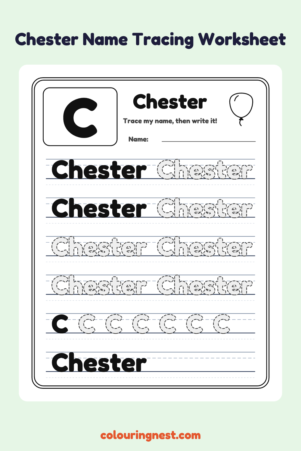 Chester Name Tracing Worksheet: free printable black-and-white line art