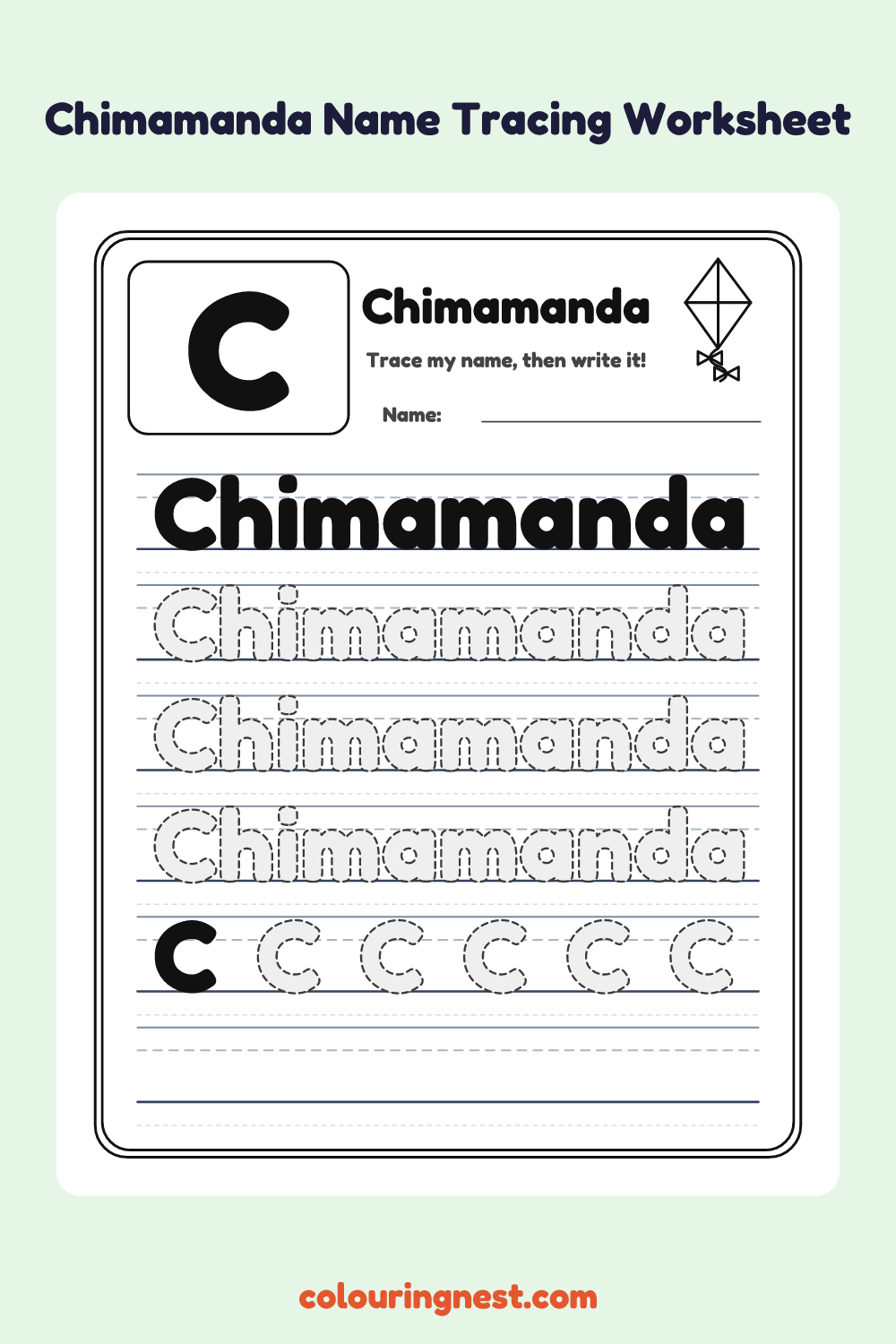 Chimamanda Name Tracing Worksheet: free printable black-and-white line art