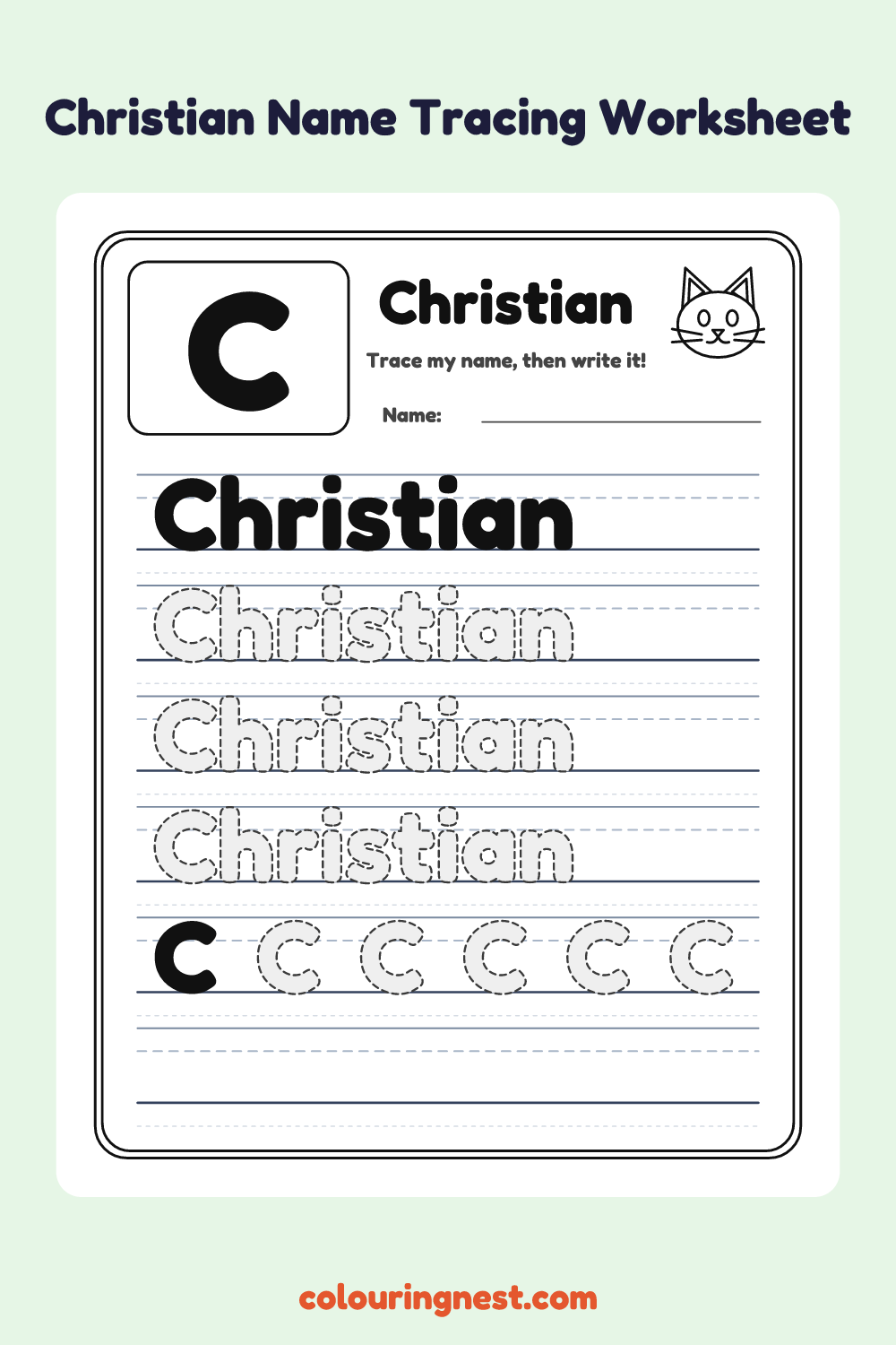 Christian Name Tracing Worksheet: free printable black-and-white line art
