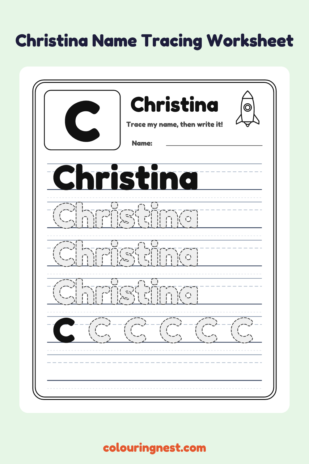 Christina Name Tracing Worksheet: free printable black-and-white line art