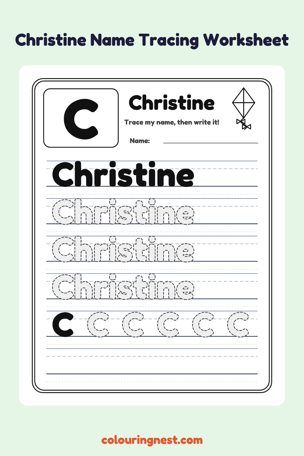 Christine Name Tracing Worksheet: free printable black-and-white line art