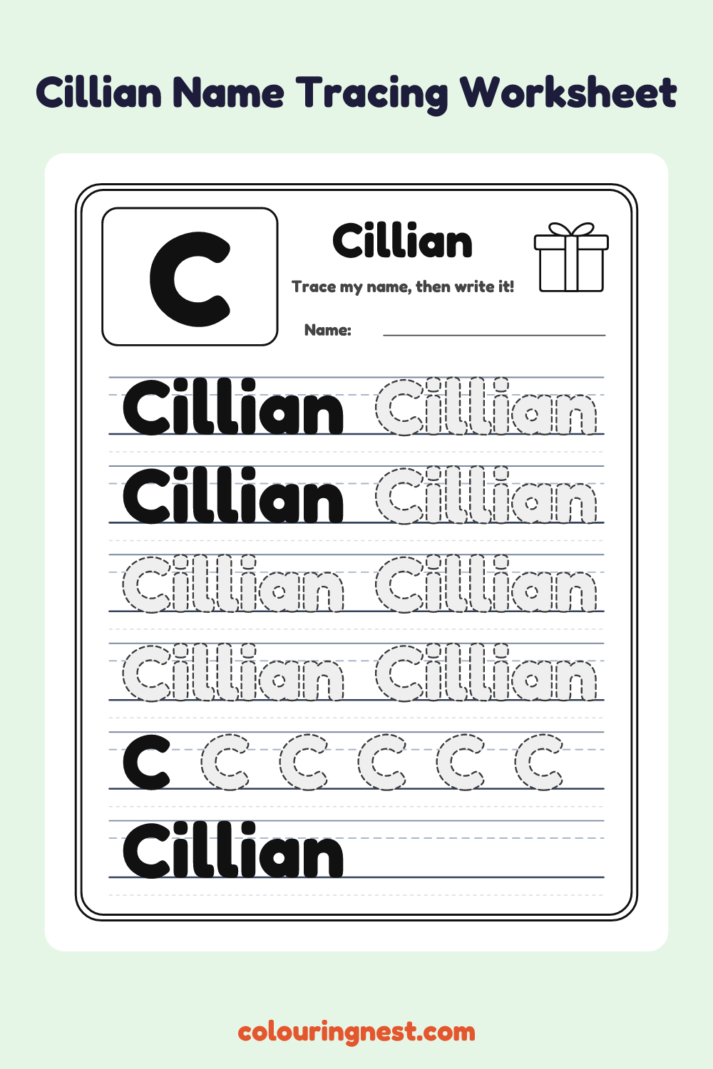 Cillian Name Tracing Worksheet: free printable black-and-white line art