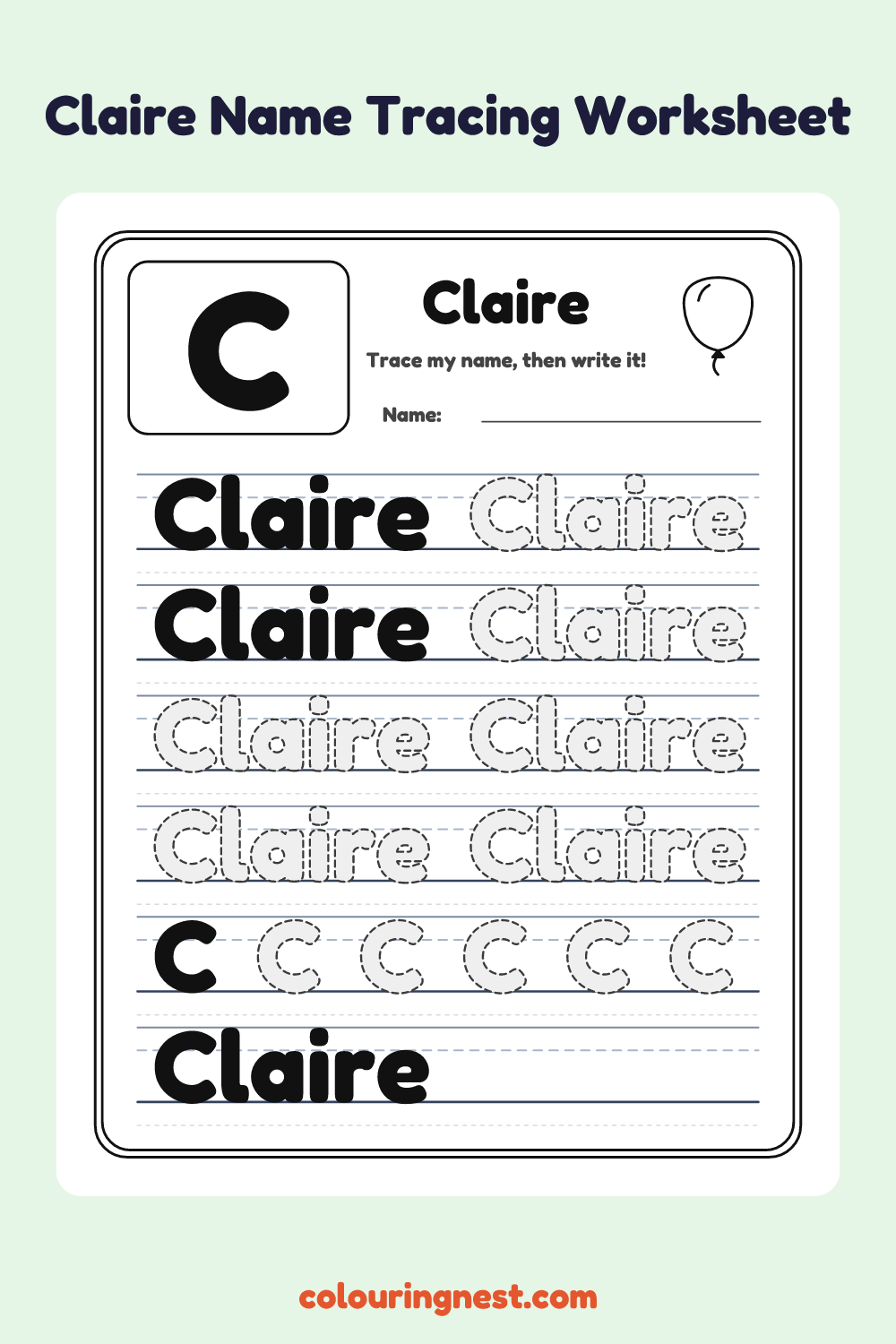 Claire Name Tracing Worksheet: free printable black-and-white line art