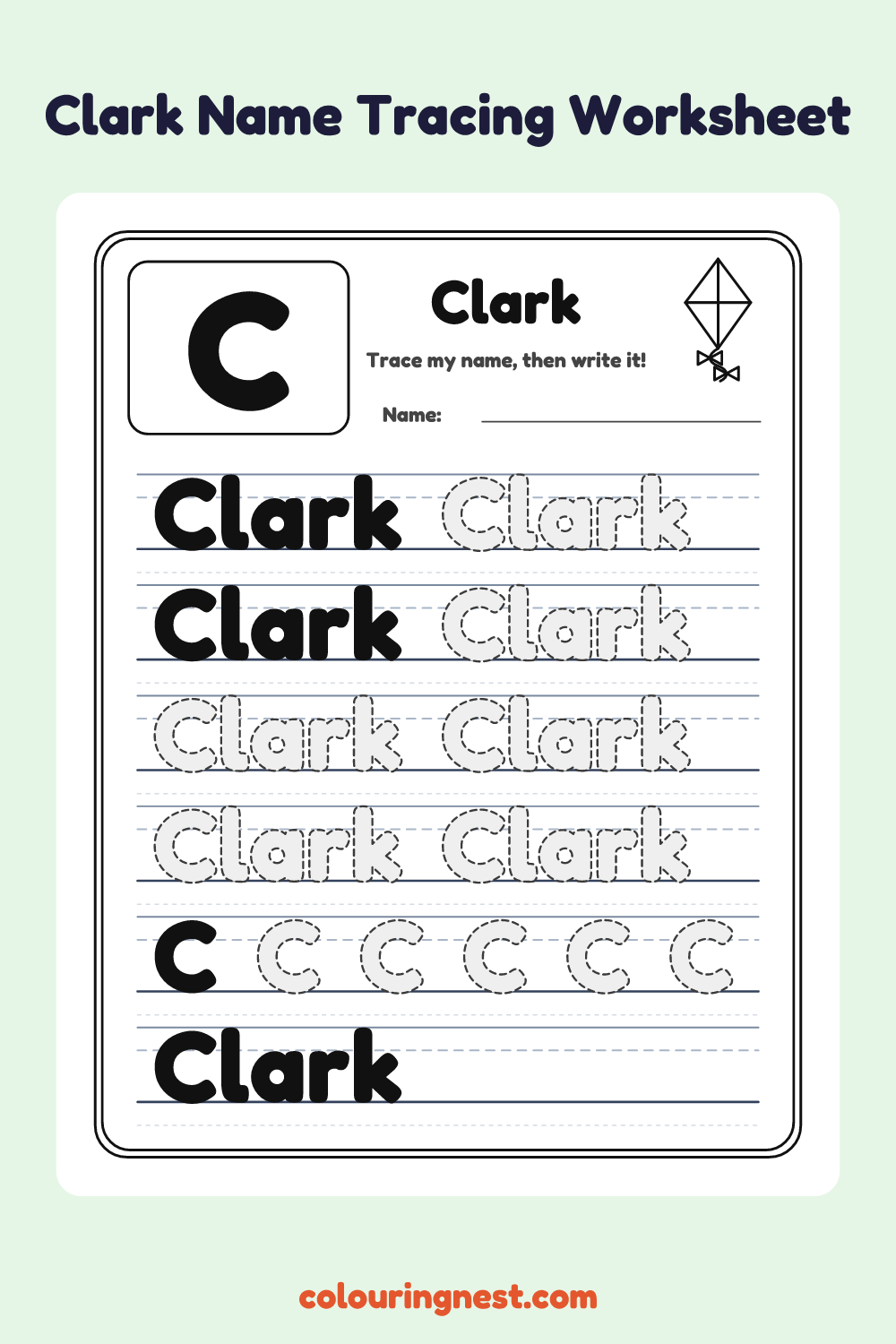 Clark Name Tracing Worksheet: free printable black-and-white line art