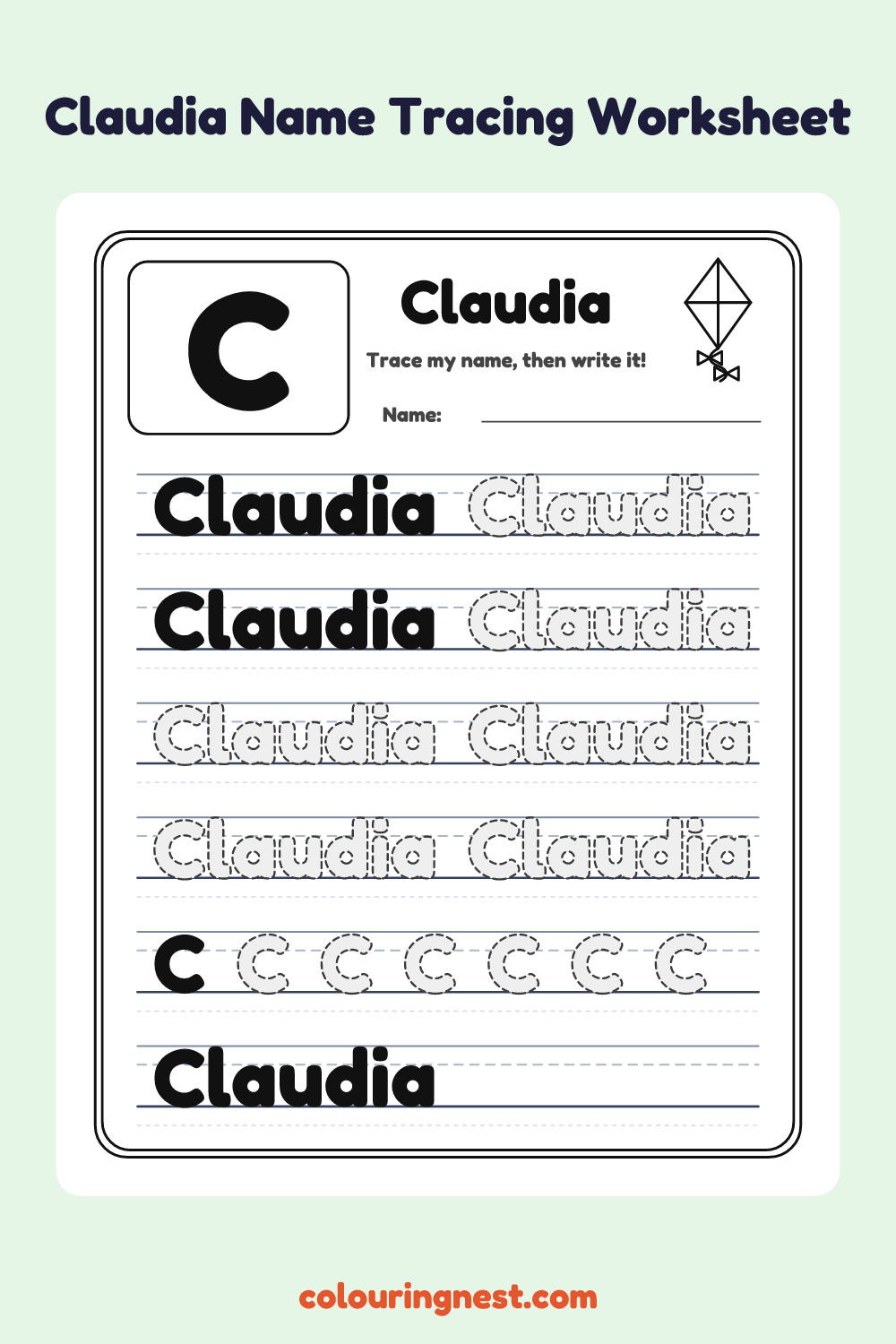 Claudia Name Tracing Worksheet: free printable black-and-white line art