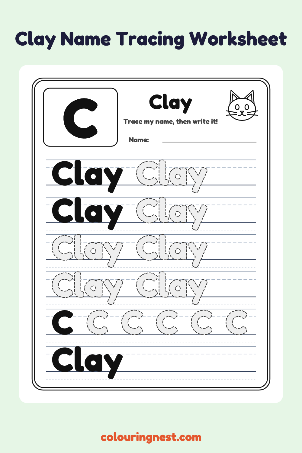 Clay Name Tracing Worksheet: free printable black-and-white line art