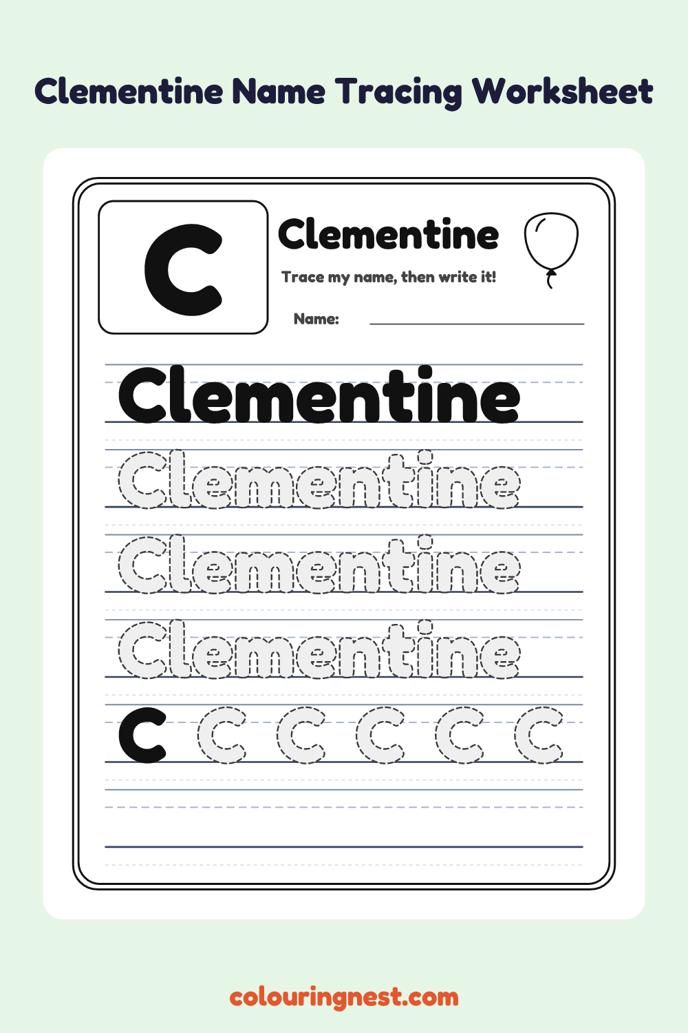 Clementine Name Tracing Worksheet: free printable black-and-white line art