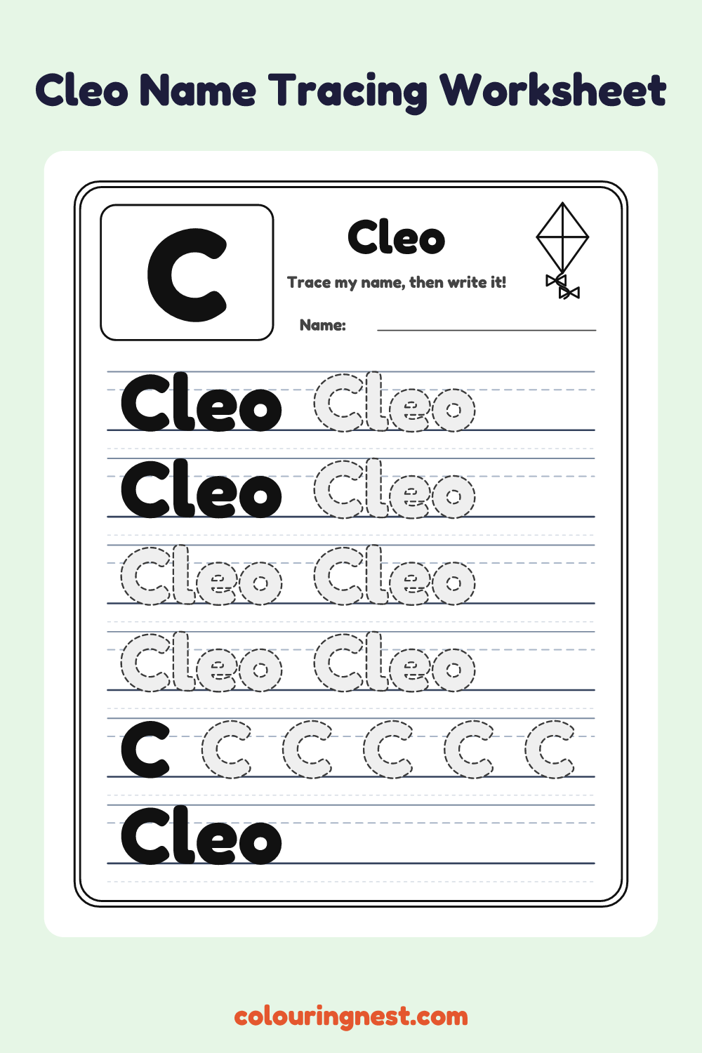Cleo Name Tracing Worksheet: free printable black-and-white line art