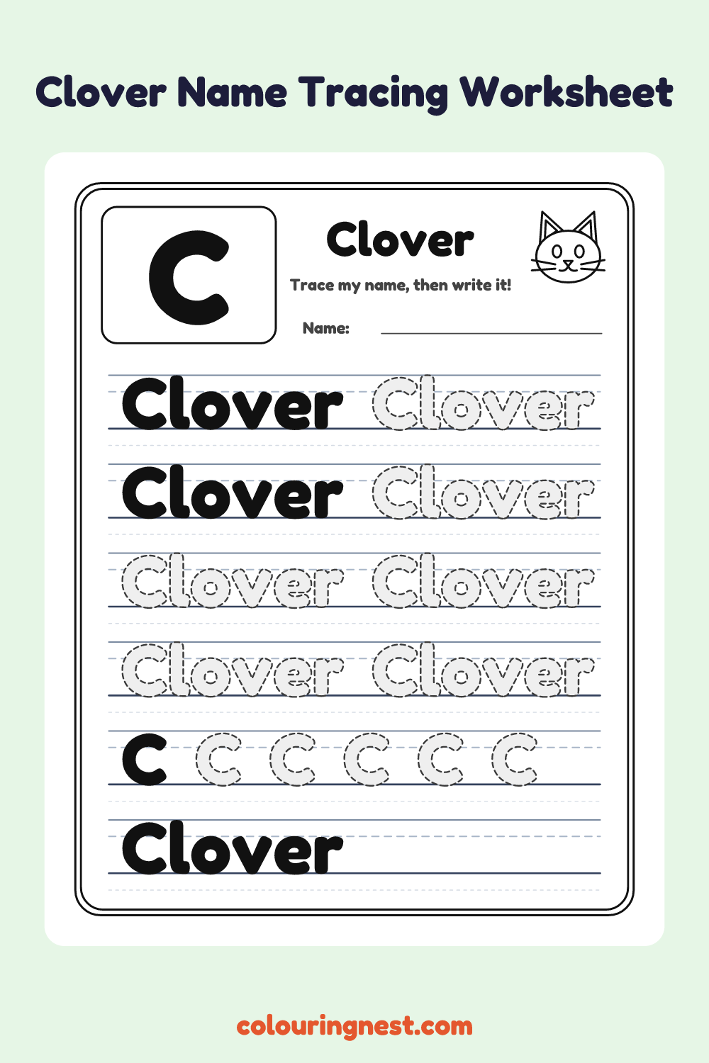 Clover Name Tracing Worksheet: free printable black-and-white line art