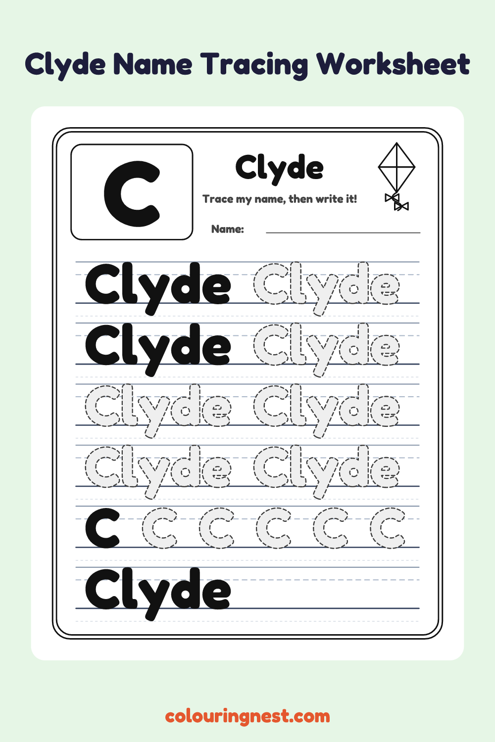 Clyde Name Tracing Worksheet: free printable black-and-white line art