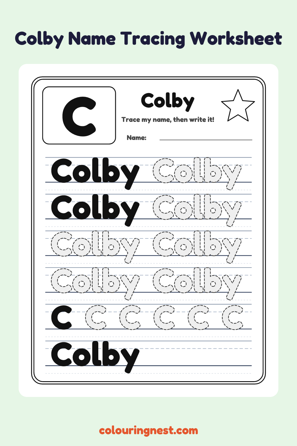 Colby Name Tracing Worksheet: free printable black-and-white line art