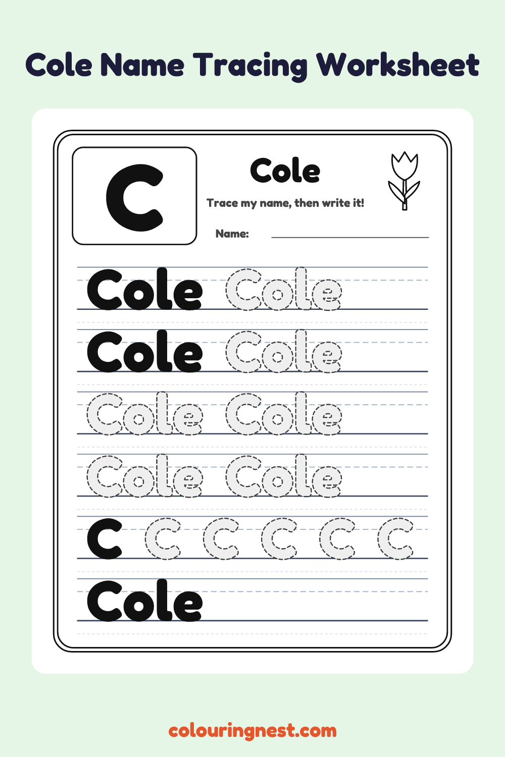Cole Name Tracing Worksheet: free printable black-and-white line art