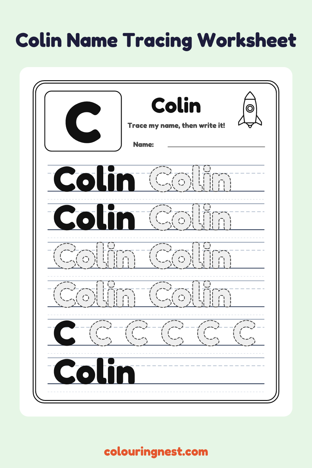 Colin Name Tracing Worksheet: free printable black-and-white line art