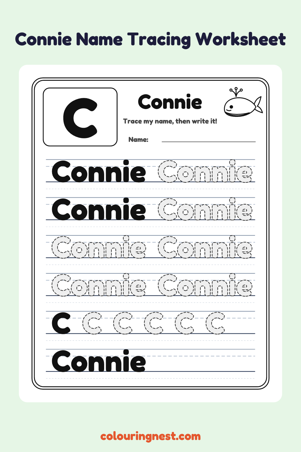 Connie Name Tracing Worksheet: free printable black-and-white line art