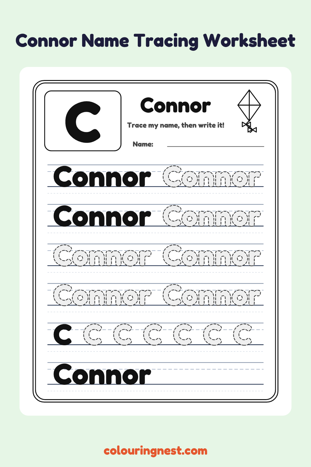 Connor Name Tracing Worksheet: free printable black-and-white line art