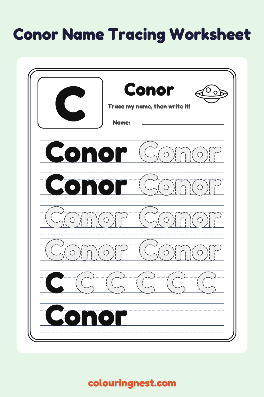 Conor Name Tracing Worksheet: free printable black-and-white line art