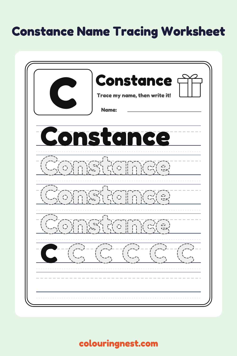Constance Name Tracing Worksheet: free printable black-and-white line art
