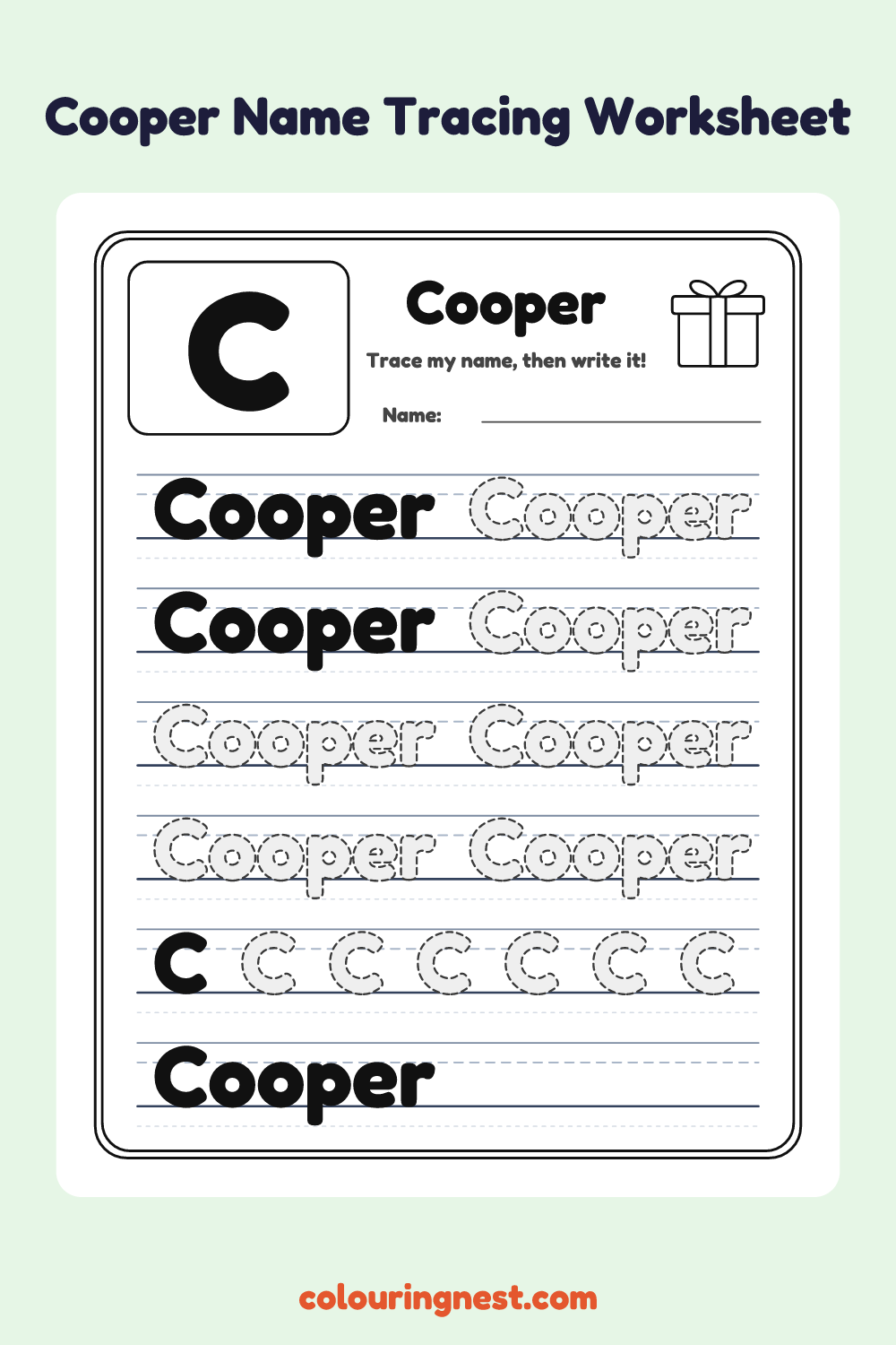 Cooper Name Tracing Worksheet: free printable black-and-white line art