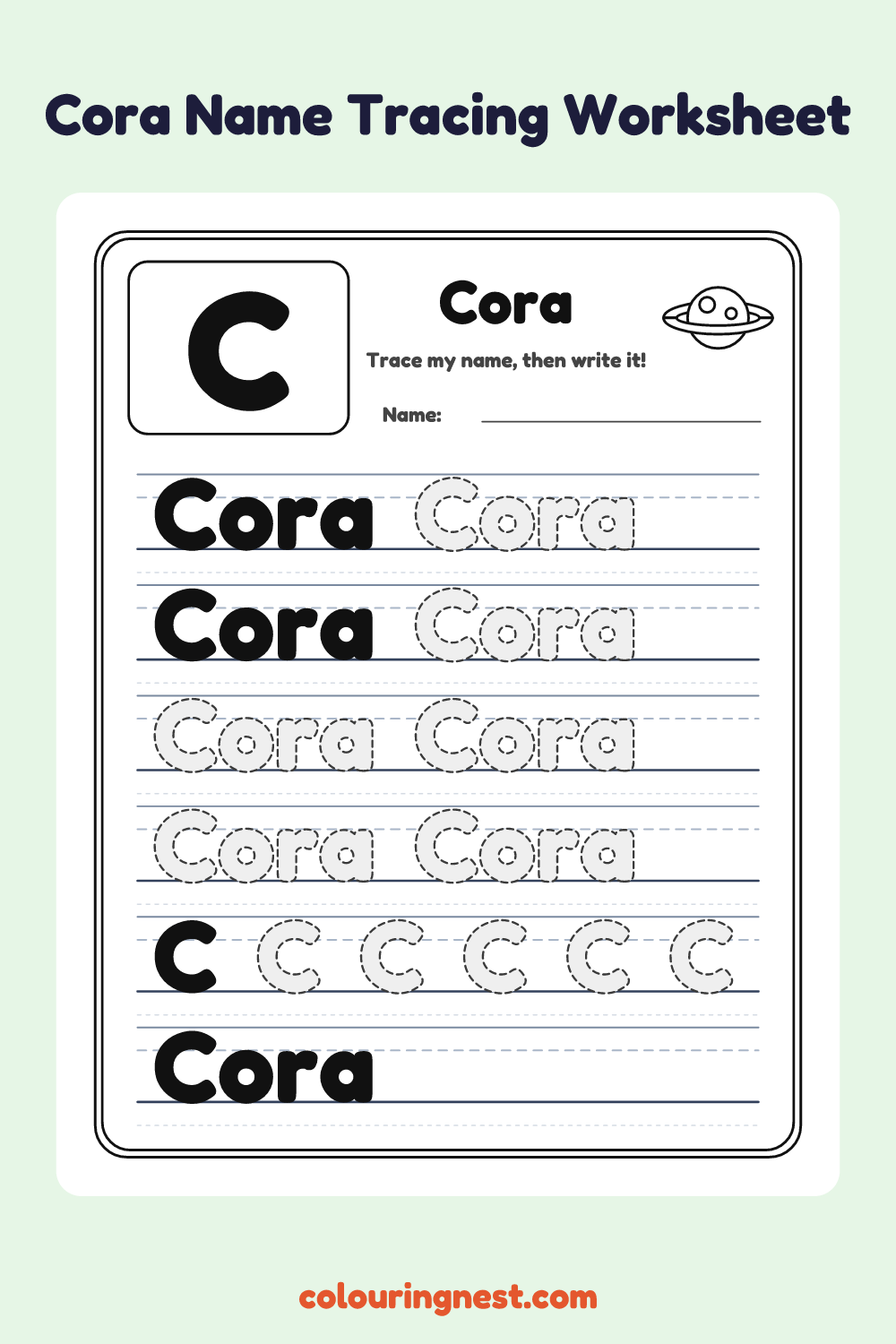 Cora Name Tracing Worksheet: free printable black-and-white line art