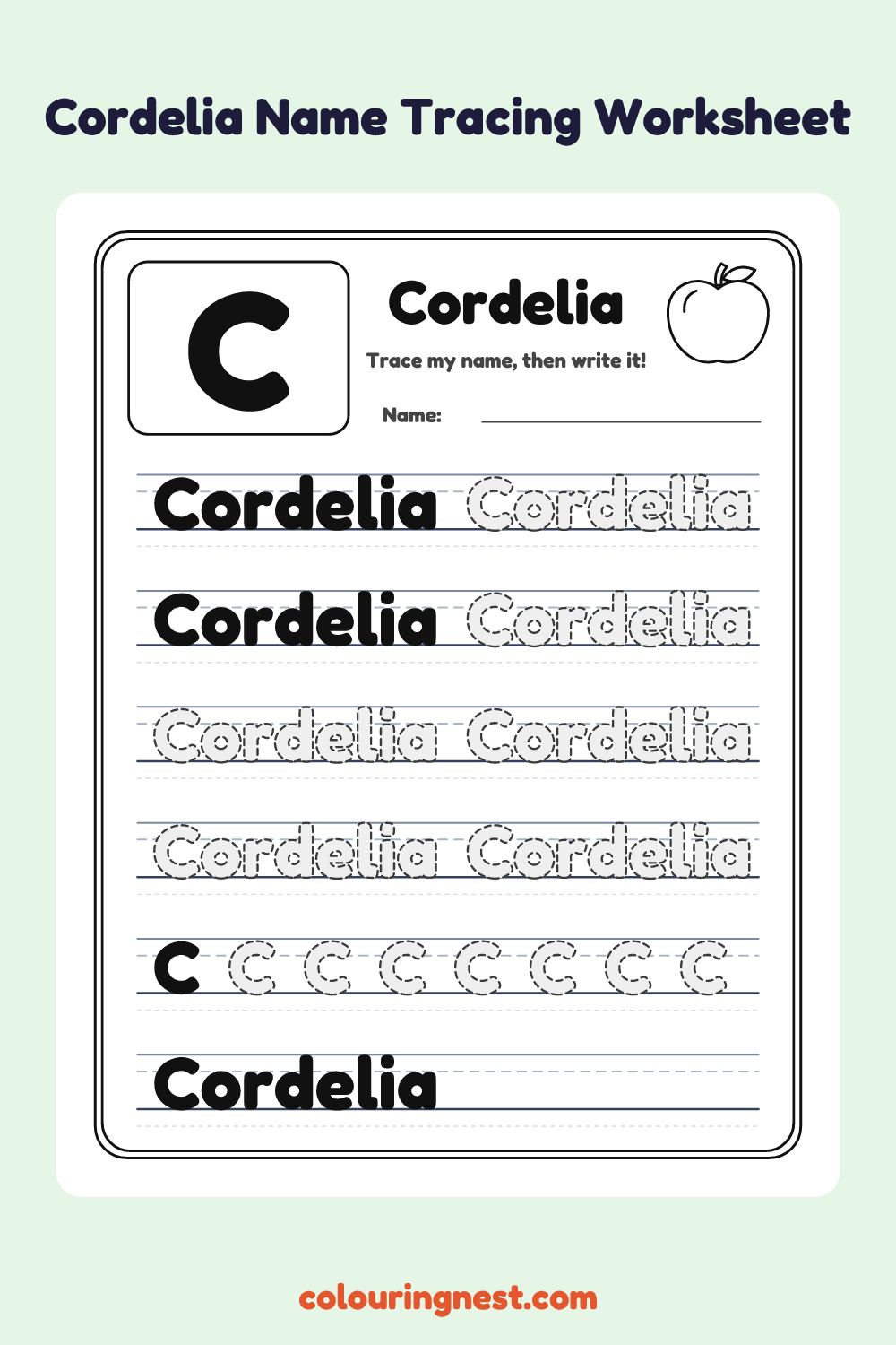 Cordelia Name Tracing Worksheet: free printable black-and-white line art