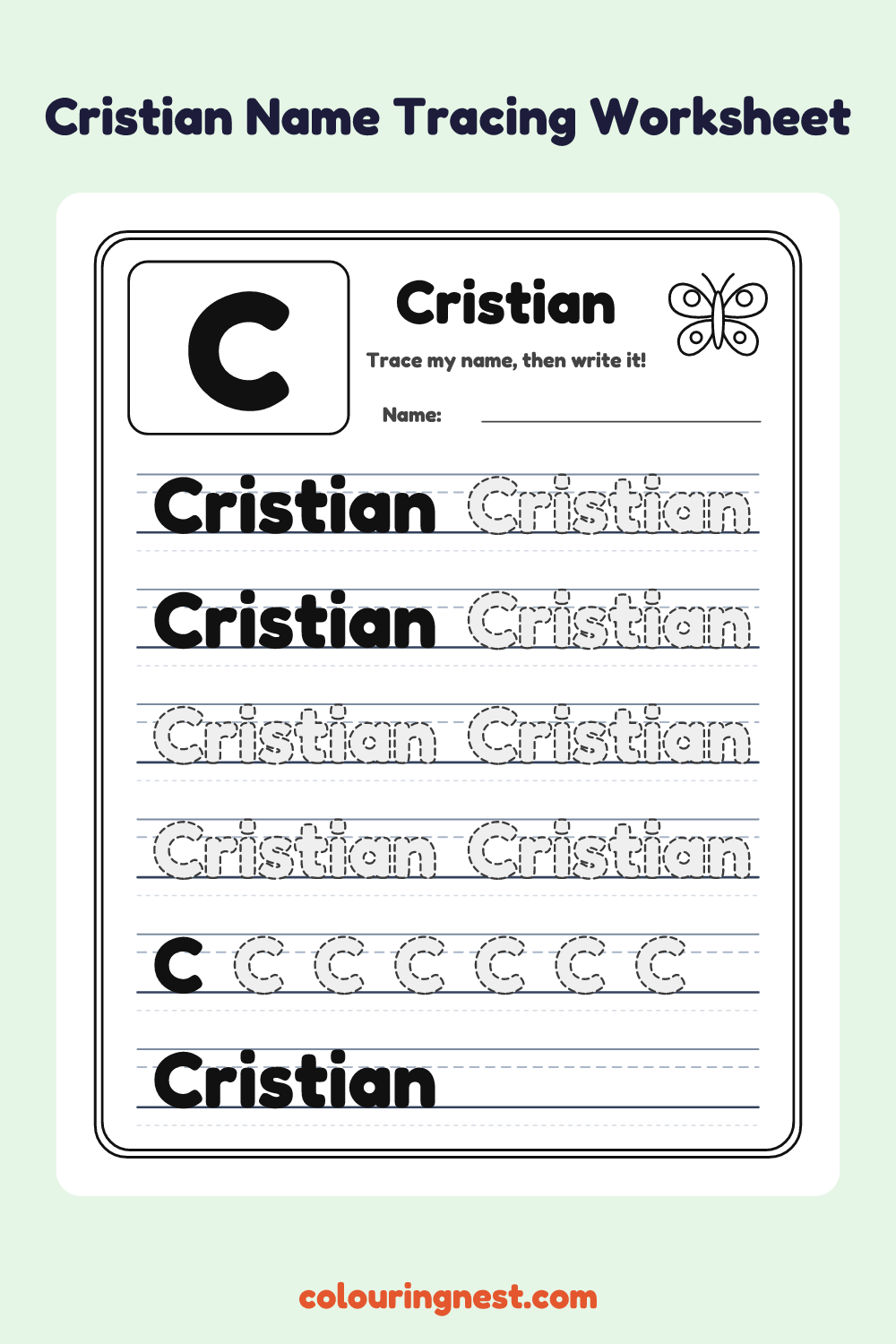 Cristian Name Tracing Worksheet: free printable black-and-white line art