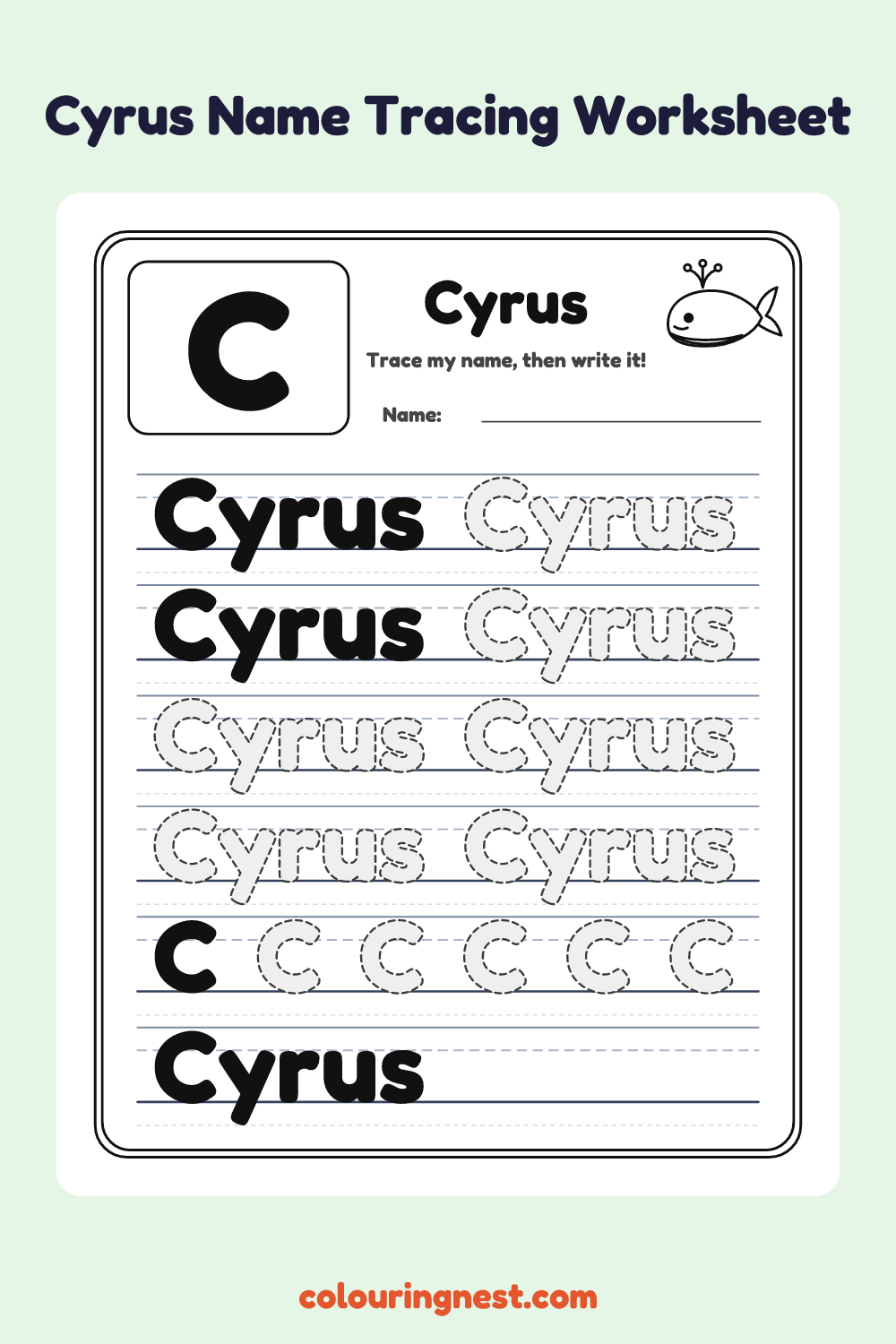Cyrus Name Tracing Worksheet: free printable black-and-white line art