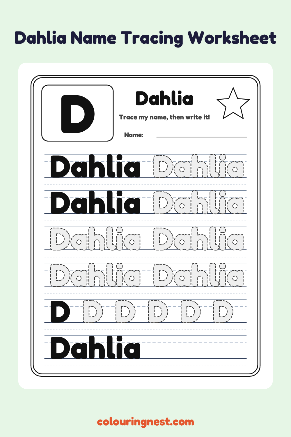 Dahlia Name Tracing Worksheet: free printable black-and-white line art