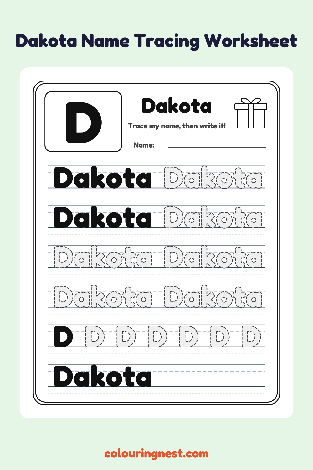 Dakota Name Tracing Worksheet: free printable black-and-white line art