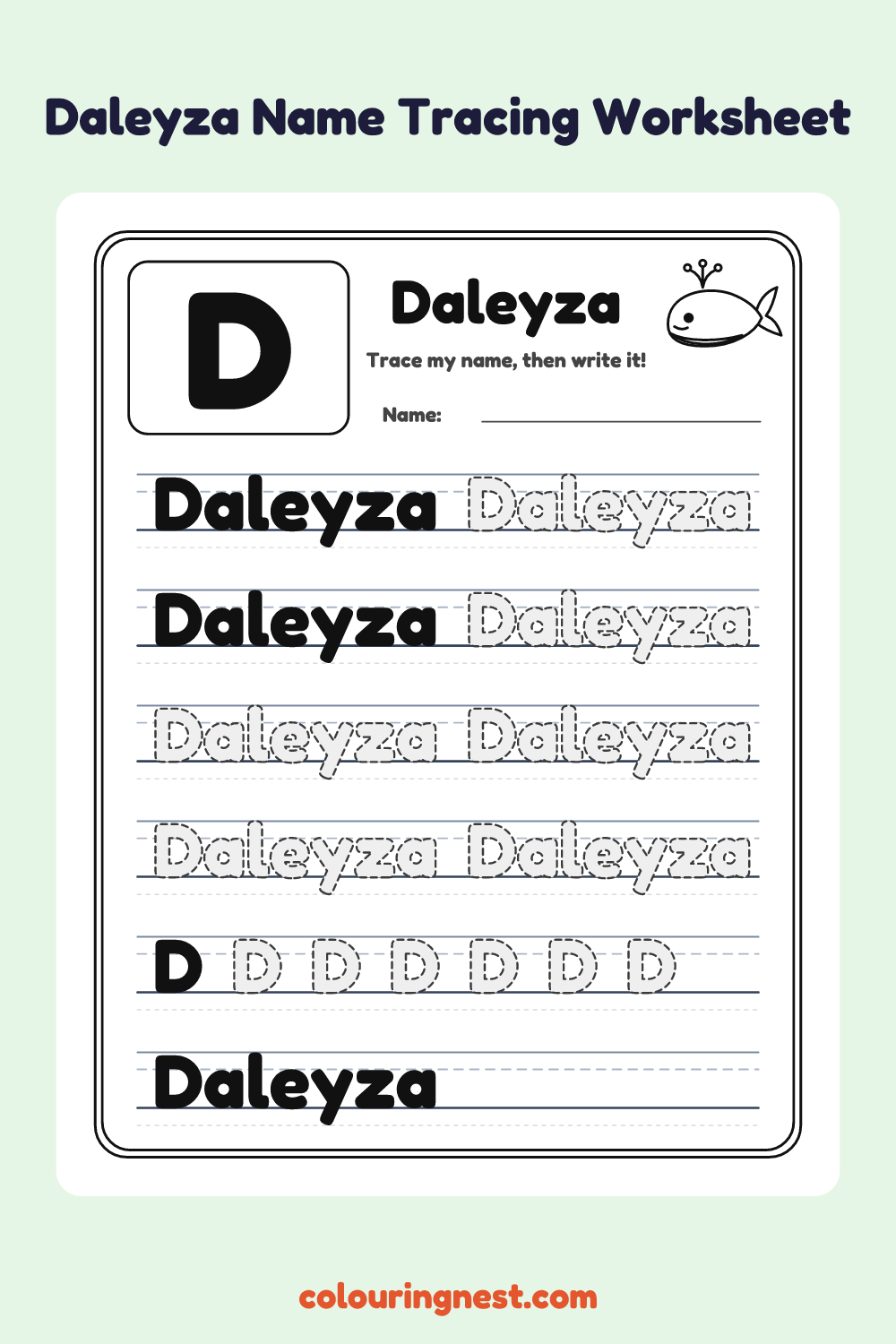 Daleyza Name Tracing Worksheet: free printable black-and-white line art