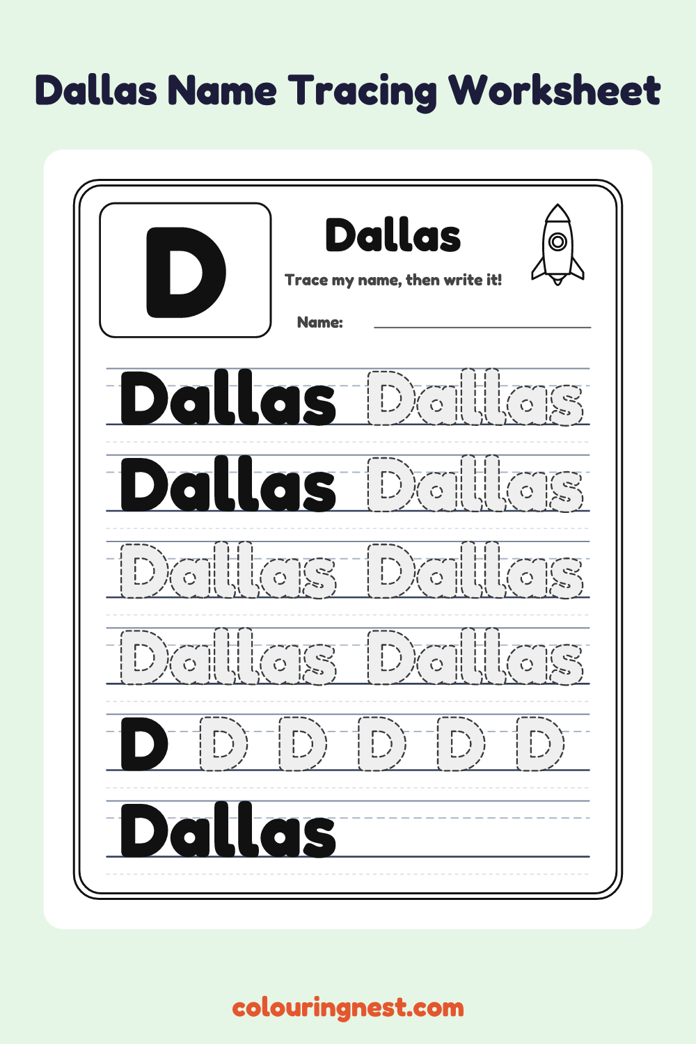 Dallas Name Tracing Worksheet: free printable black-and-white line art