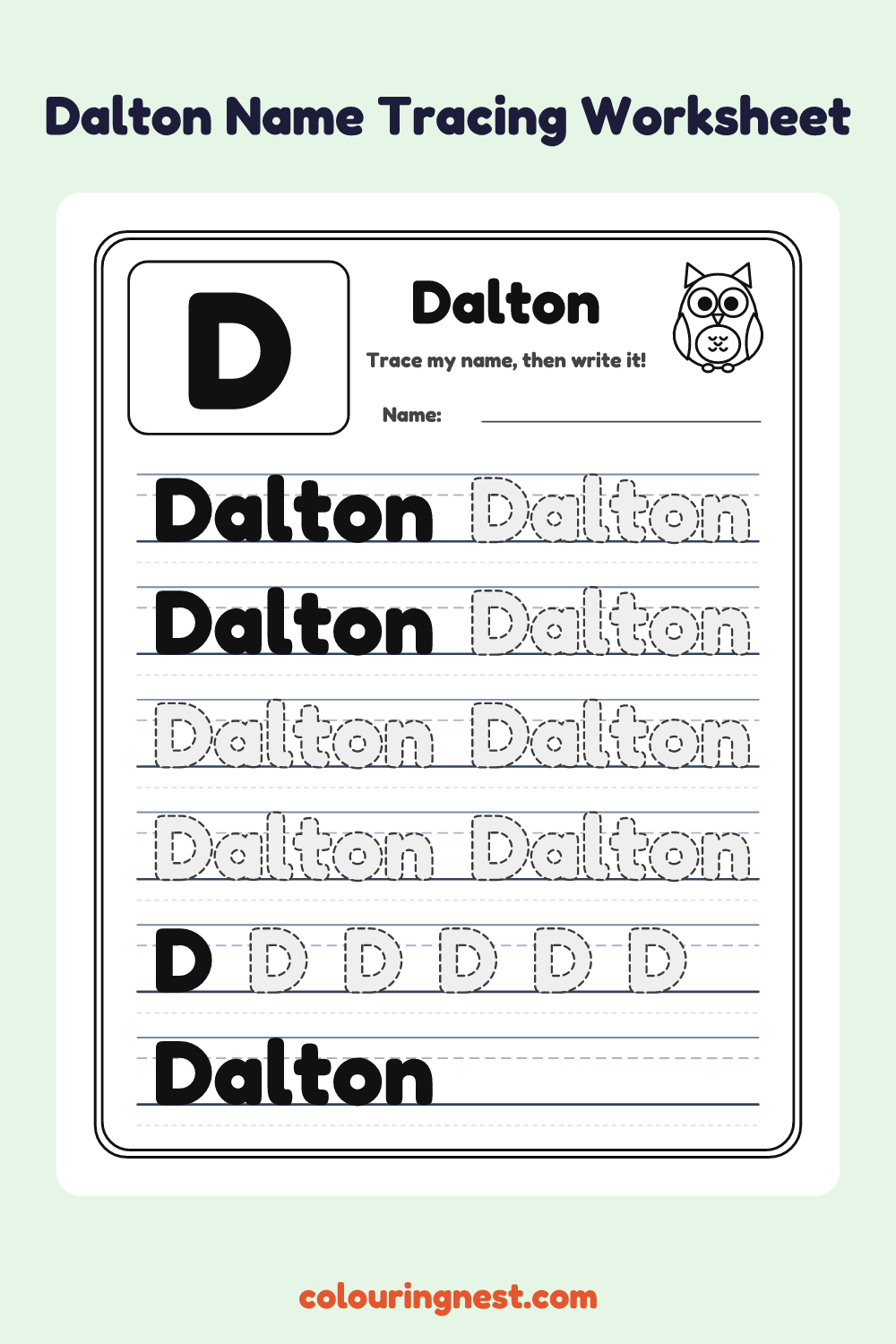 Dalton Name Tracing Worksheet: free printable black-and-white line art