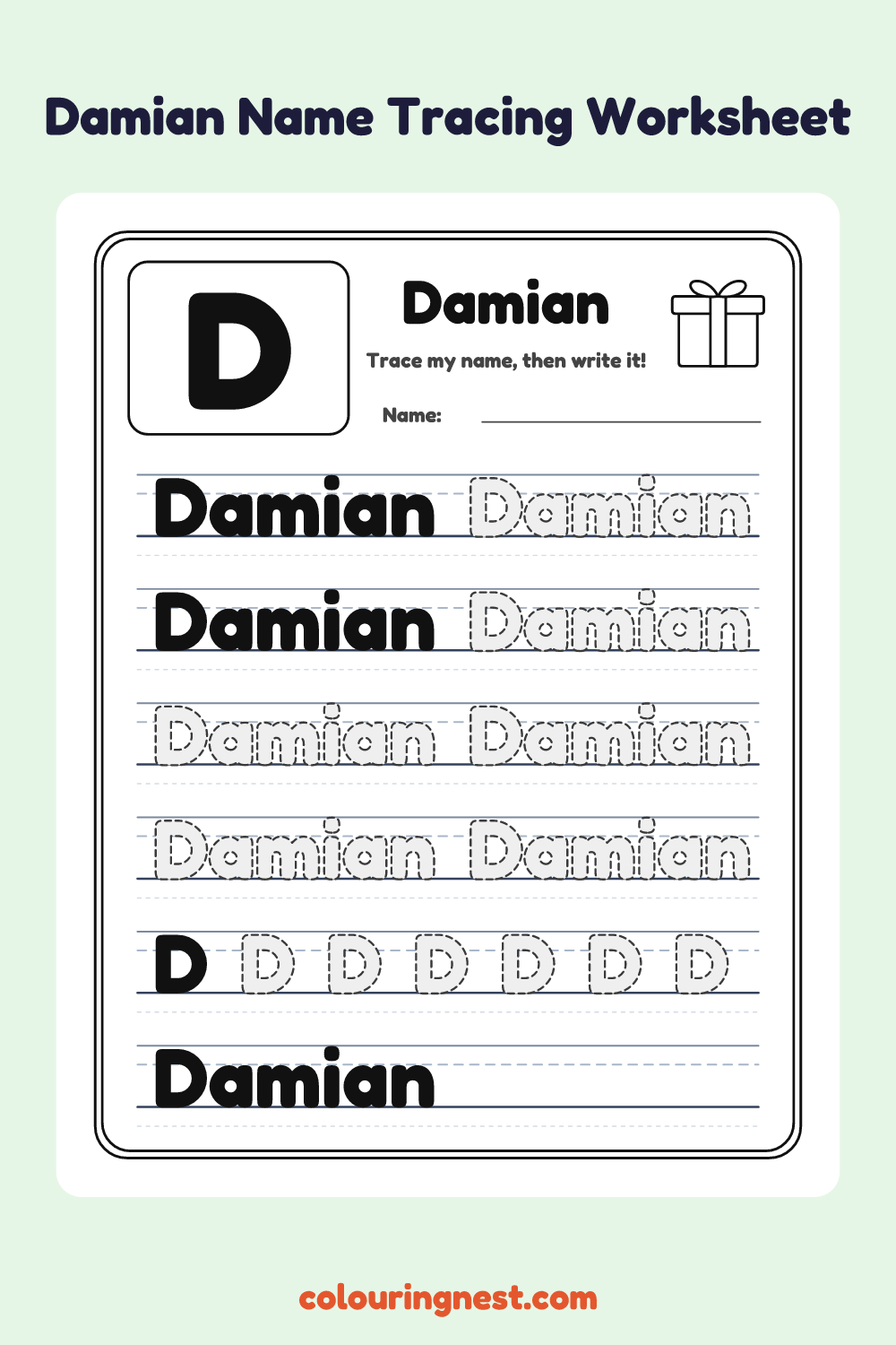 Damian Name Tracing Worksheet: free printable black-and-white line art