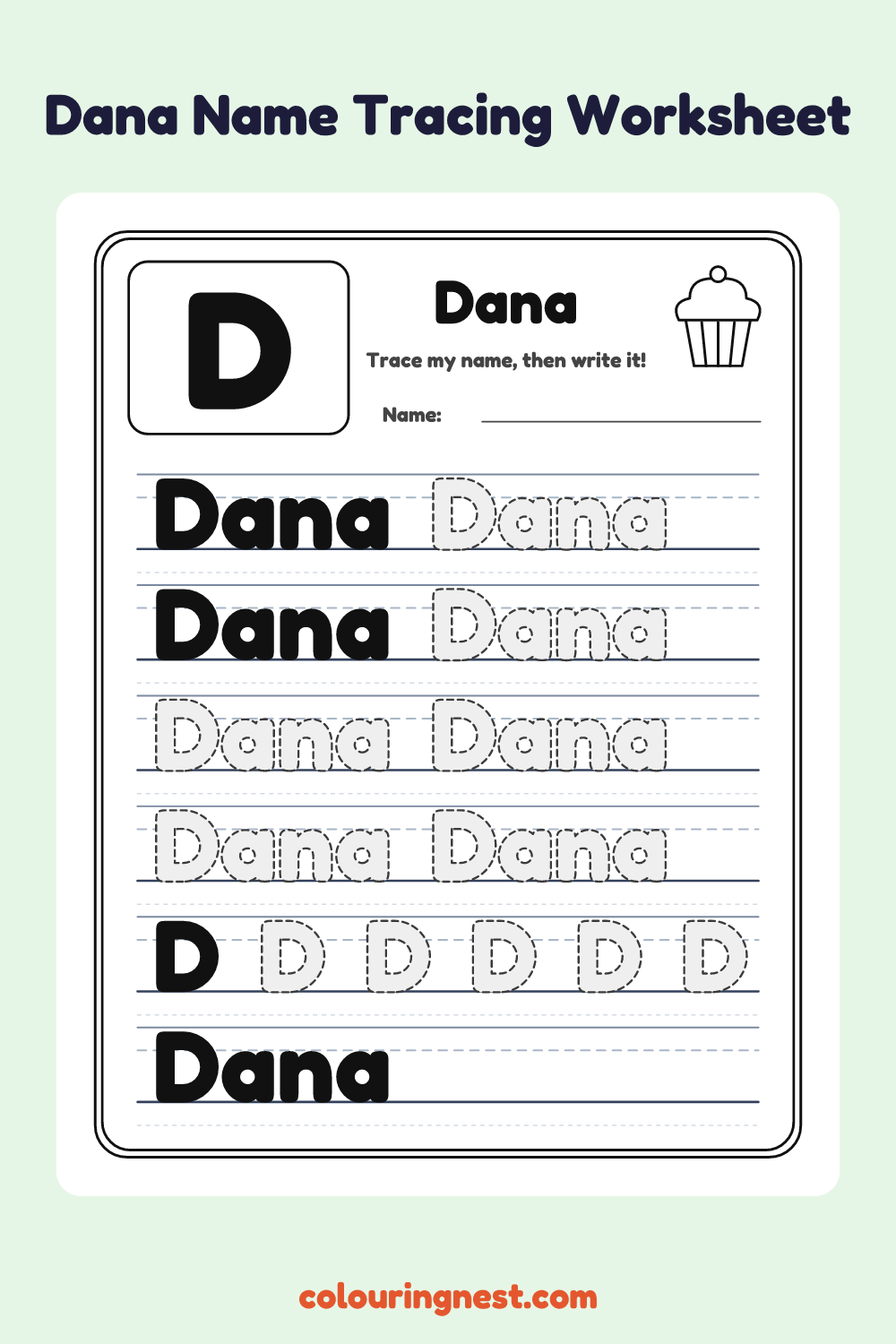Dana Name Tracing Worksheet: free printable black-and-white line art