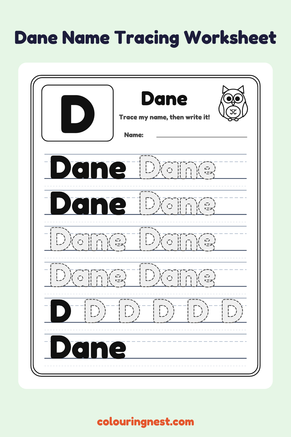 Dane Name Tracing Worksheet: free printable black-and-white line art