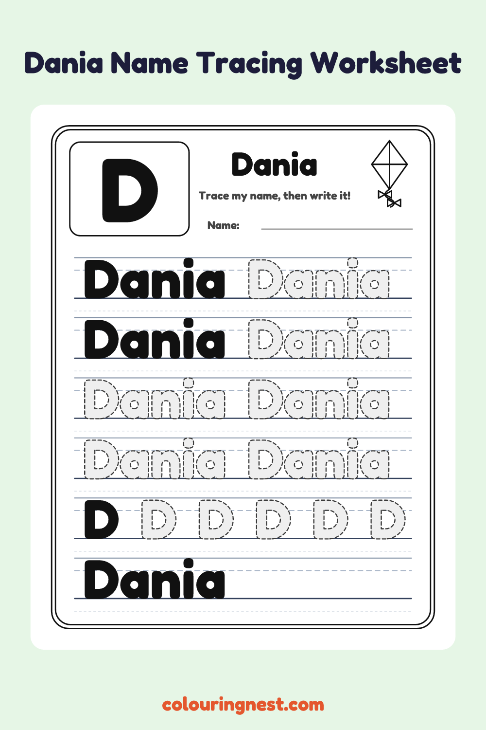 Dania Name Tracing Worksheet: free printable black-and-white line art