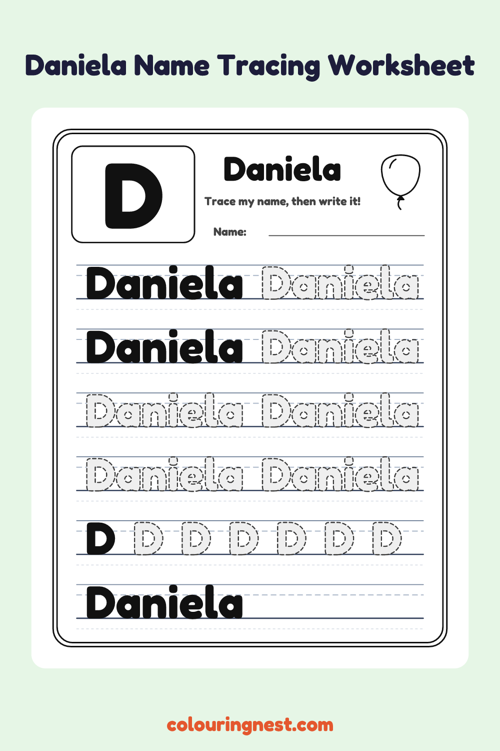 Daniela Name Tracing Worksheet: free printable black-and-white line art