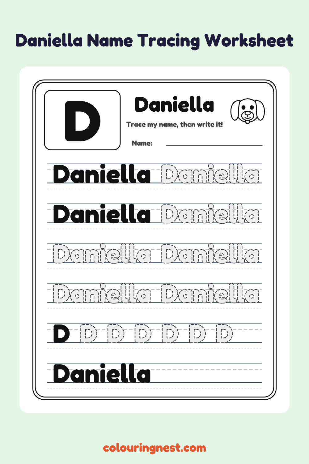 Daniella Name Tracing Worksheet: free printable black-and-white line art