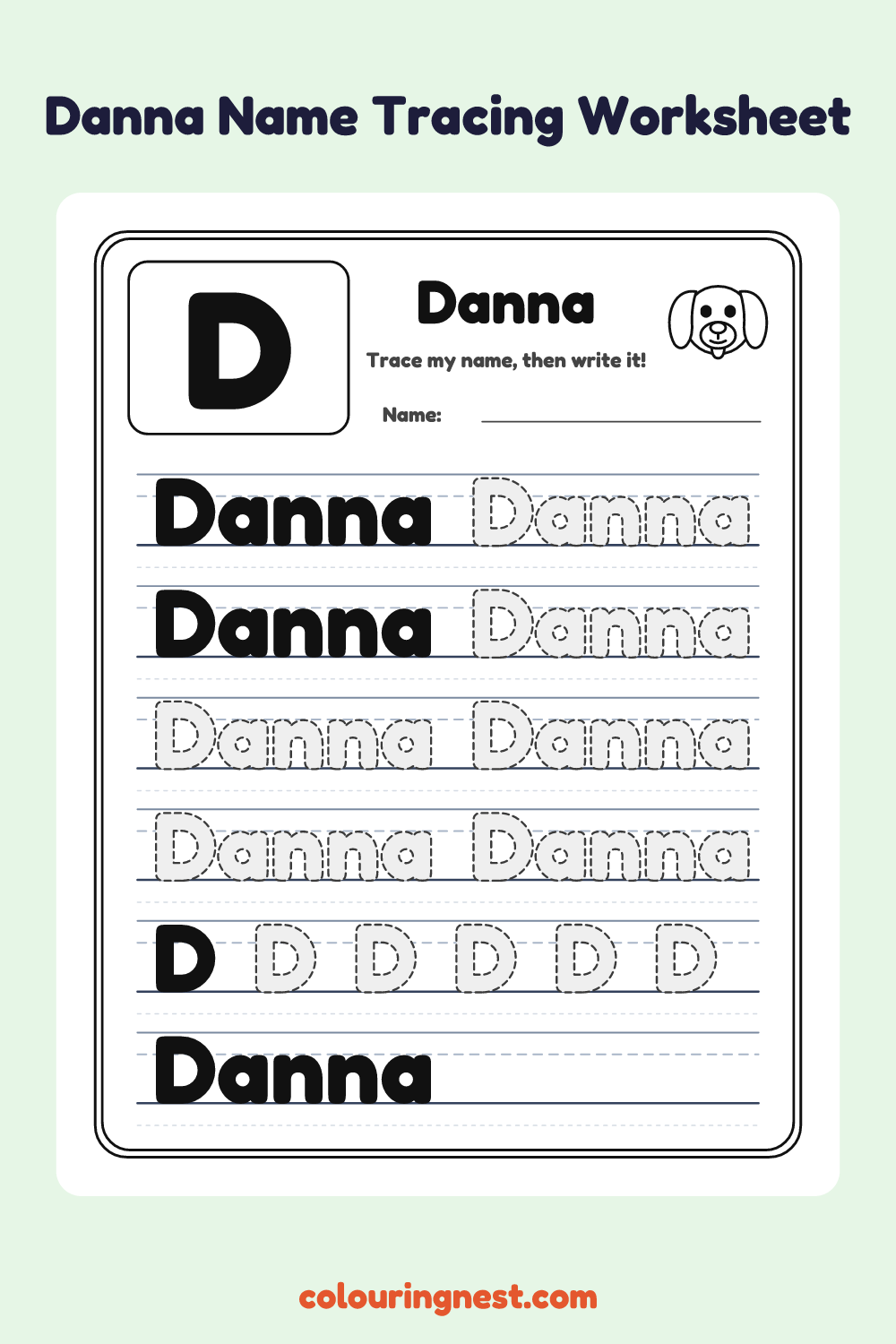 Danna Name Tracing Worksheet: free printable black-and-white line art