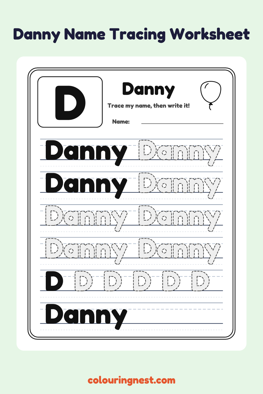Danny Name Tracing Worksheet: free printable black-and-white line art